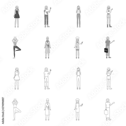 Vector illustration of posture and mood sign. Set of posture and female stock vector illustration.