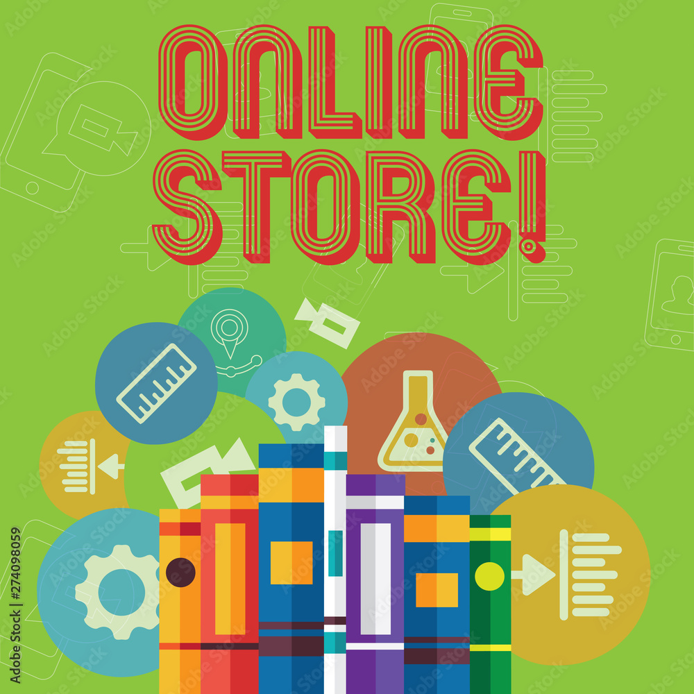 Conceptual hand writing showing Online Store. Concept meaning website by means of which goods or services sold over Internet Books Arranged Standing in Row with Educational Icons Behind Conceptual hand writing showing Online Store. Concept meaning website by means of which goods or services sold over Internet Books Arranged Standing in Row with Educational Icons Behind