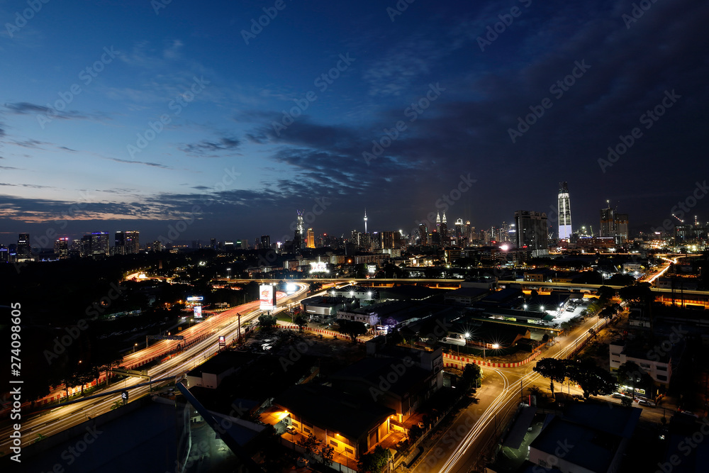 View of Kuala Lumpur Skyline from top of a building KL tower KLCC Tun Razak Exchange TRX