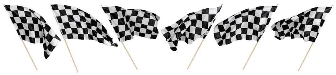 Set collection of waving black white chequered flag wooden stick motorsport sport and racing concept isolated background