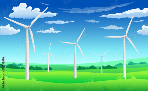 White wind generators mills, wind turbine on green field, wind energy eco concept
