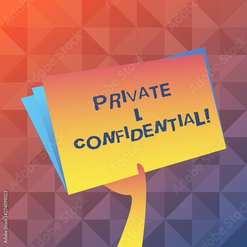 Text sign showing Private And Confidential. Business photo text Belonging for use particular demonstrating or group showing Hand Holding and Raising Blank Space Colorful File Folder with Sheet Inside photo