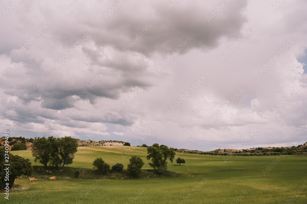 Landscape of nature. Rural area in Spain. Beautiful meadows and a beautiful blue sky with clouds. Panoramic background.