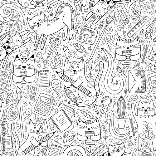Cats go to school funny seamless pattern. Coloring page for adults and children