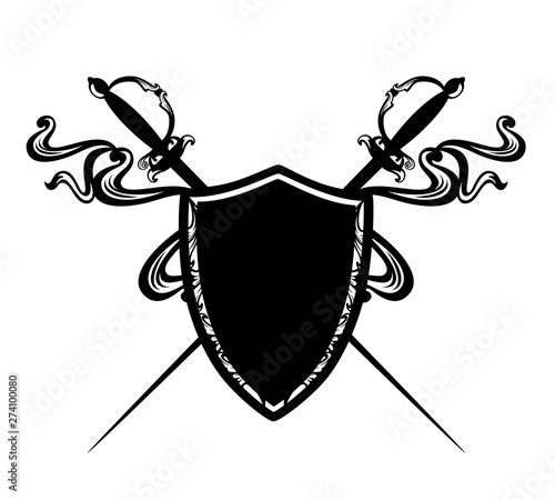 crossed epee swords and heraldic shield with flying ribbons - fencing sport black and white vector emblem