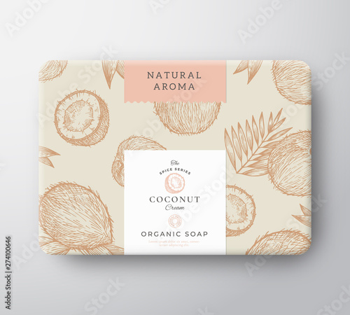 Coconut Soap Cardboard Box. Abstract Vector Wrapped Paper Container with Label Cover. Packaging Design. Modern Typography and Hand Drawn Nuts and Leaves Background Pattern Layout.