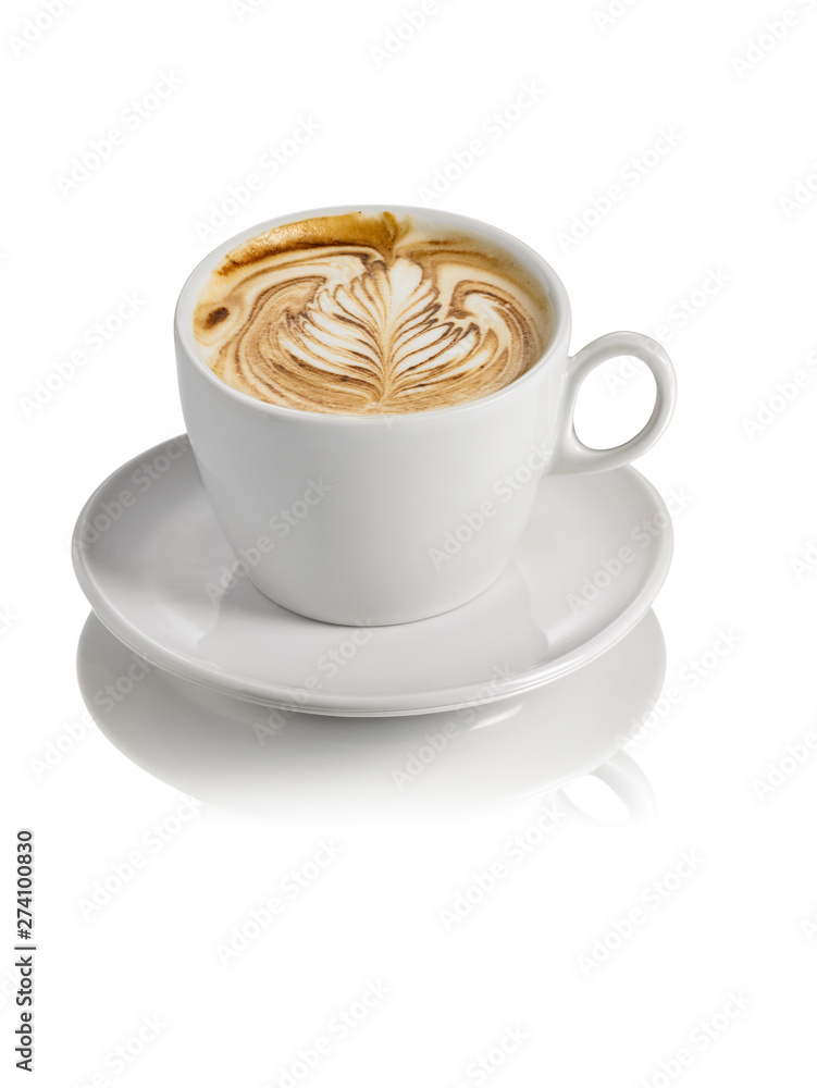 hot cappuccino with milk froth decorated by hand, isolated on white background hot cappuccino with milk froth decorated by hand, isolated on white background