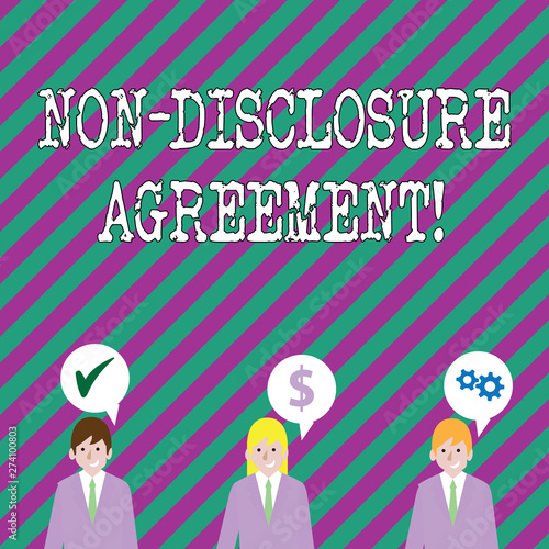 Text sign showing Non Disclosure Agreement. Business photo showcasing parties agree not disclose confidential information Businessmen Each has their Own Speech Bubble with Optimization Cost Icons photo