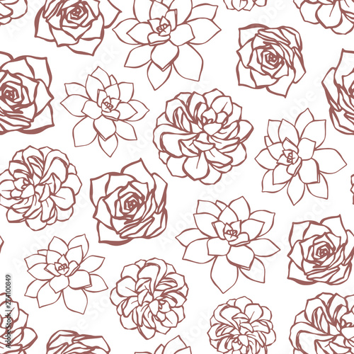 Vector succulent seamless vector pattern with echeveria. Hand drawn vector illustration. Line art background ideal for wallpaper, textile, invitations.