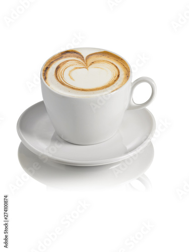 hot cappuccino with milk froth decorated by hand, isolated on white background