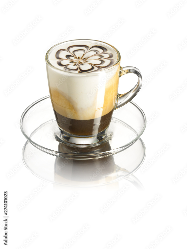 Espresso, stained with cold milk, served in a glass mug, isolated on a white background Espresso, stained with cold milk, served in a glass mug, isolated on a white background