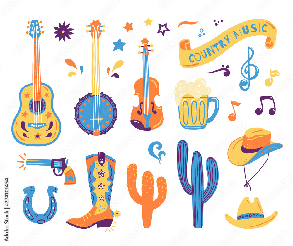Vector hand drawn concept for postcards or festival banners for country music festival. Wild West illustration of a set with guitar, cacti, gun, horseshoe, hat and boot - obrazy, fototapety, plakaty 
