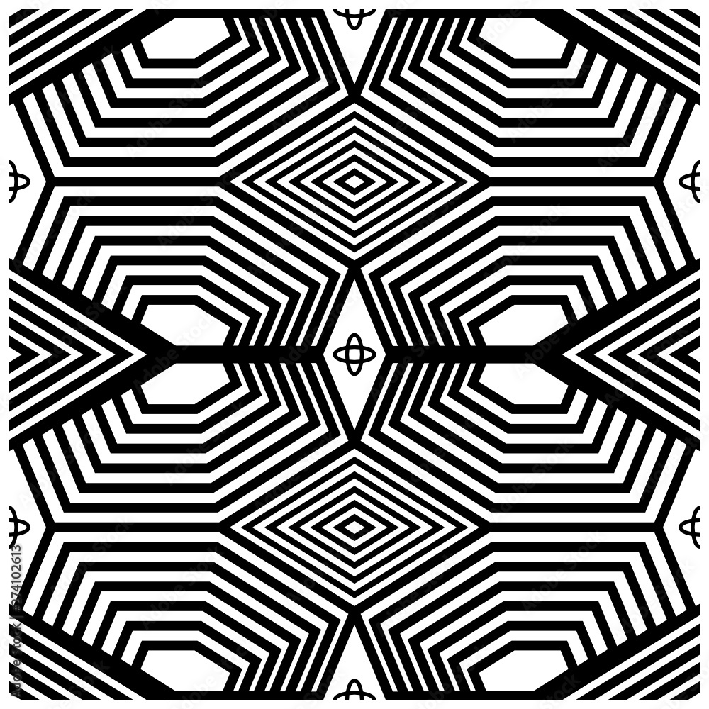 Vector graphic of monochrome repeating pattern of distorted hexagons and filling elements. Vector graphic of monochrome repeating pattern of distorted hexagons and filling elements.