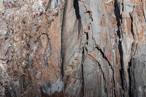Textura da rocha em camadas, que lembram a casca de uma árvore. Rocha natural que lasca em camadas, a rocha tem várias cores que formam um desenho abstrato com linhas verticais.  photo