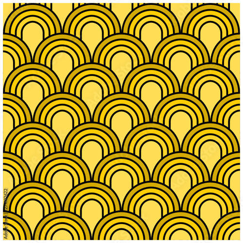 Seamless vector graphic with an overlaid fan like art deco design in shades of yellow.