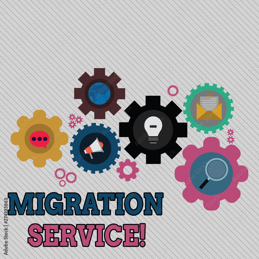 Conceptual hand writing showing Migration Service. Concept meaning shift different cloud vendors without implementation Set of Global Online Social Networking Icons Cog Wheel Gear Conceptual hand writing showing Migration Service. Concept meaning shift different cloud vendors without implementation Set of Global Online Social Networking Icons Cog Wheel Gear