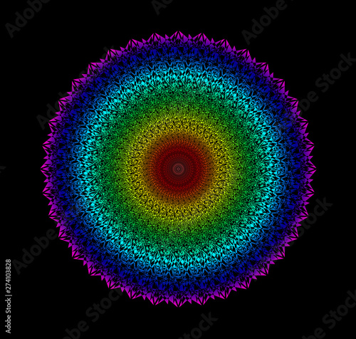 Fototapeta Naklejka Na Ścianę i Meble -  Circle mandala. Colorful rainbow pattern on a black background. Spiritual esoteric symbol. Vector graphics.