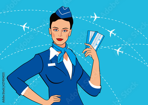 Pop art mockup of beautiful stewardess with tickets in her hands. Vector full color graphics