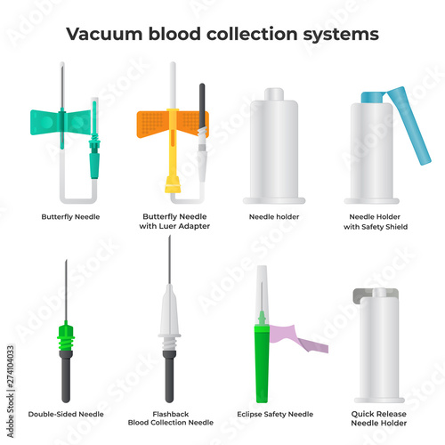 Vacuum blood collection systems in flat design vector illustrations isolated on white background. Double-sided needles, Butterfly needles and needle holders.