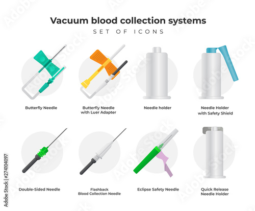 Vacuum blood collection systems vector icons isolated on white background. Medical illustration in flat design.