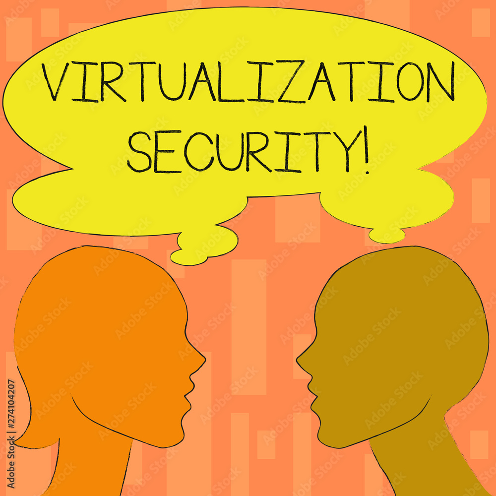 Word writing text Virtualization Security. Business photo showcasing running multiple virtual instances on single device Silhouette Sideview Profile Image of Man and Woman with Shared Thought Bubble