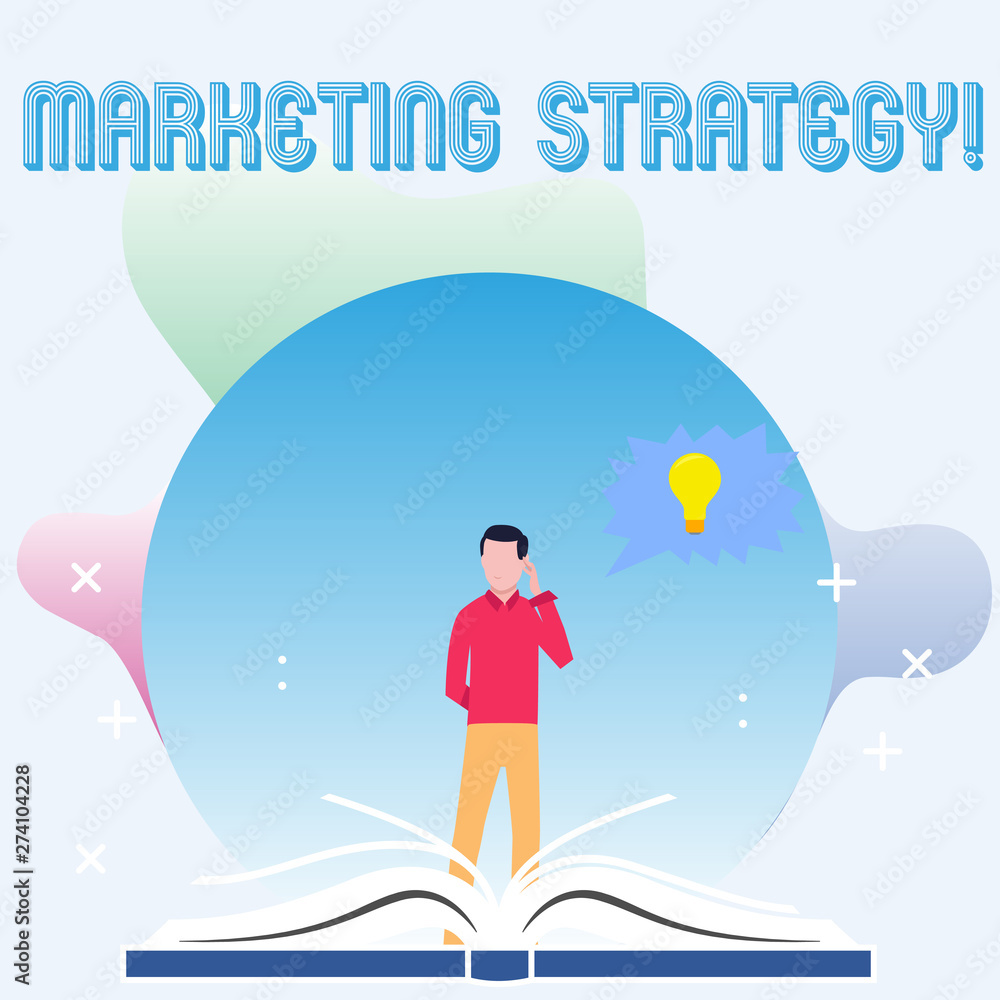 Text sign showing Marketing Strategy. Business photo showcasing plan of action promote and sell product or service Man Standing Behind Open Book, Hand on Head, Jagged Speech Bubble with Bulb Text sign showing Marketing Strategy. Business photo showcasing plan of action promote and sell product or service Man Standing Behind Open Book, Hand on Head, Jagged Speech Bubble with Bulb