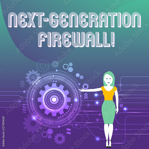 Word writing text Next Generation Firewall. Business photo showcasing combining firewall with other network filtering Woman Standing and Presenting the SEO Process with Cog Wheel Gear inside