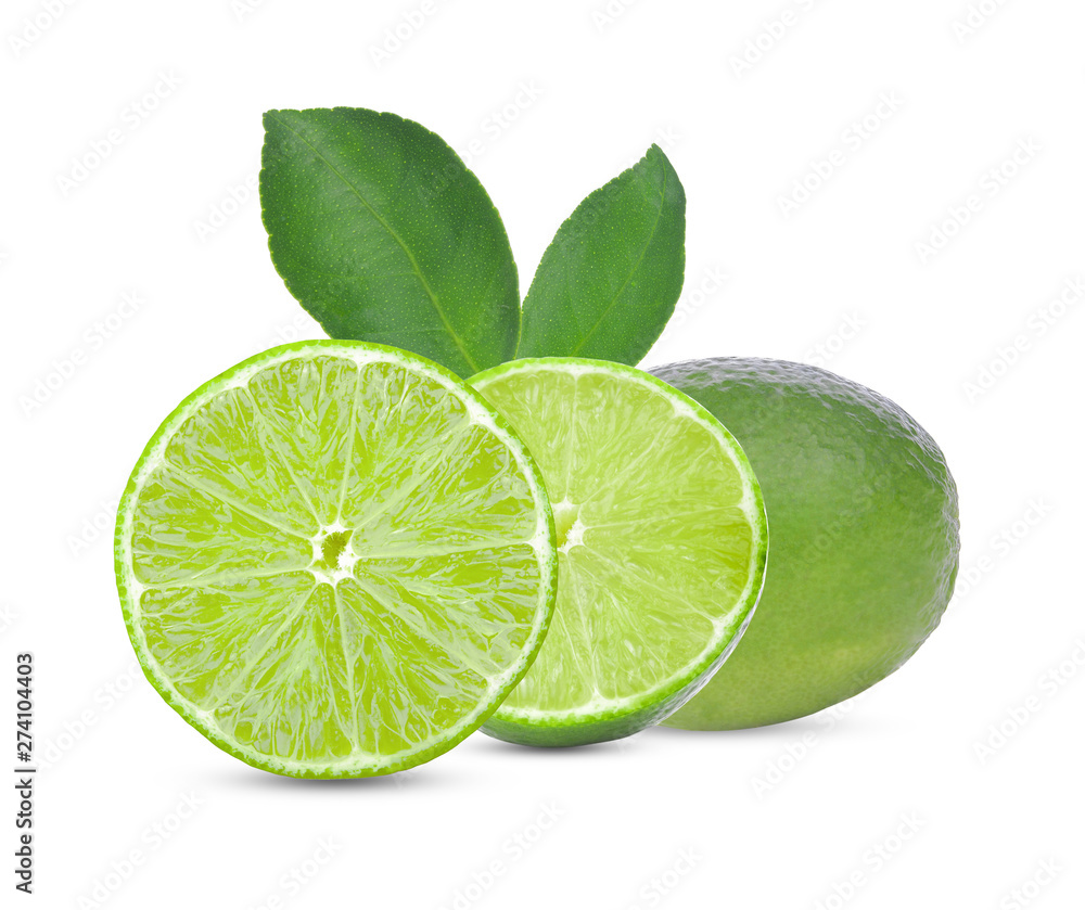 Ripe half of green lime citrus fruit isolated on white background