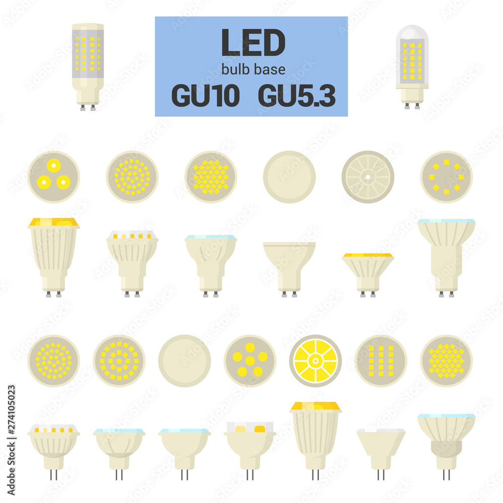 LED light bulbs with GU10 and GU5.3 base, vector colorful icon set on white  background Stock Vector | Adobe Stock