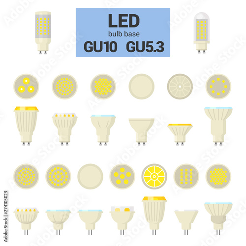 LED light bulbs with GU10 and GU5.3 base, vector colorful icon set on white background