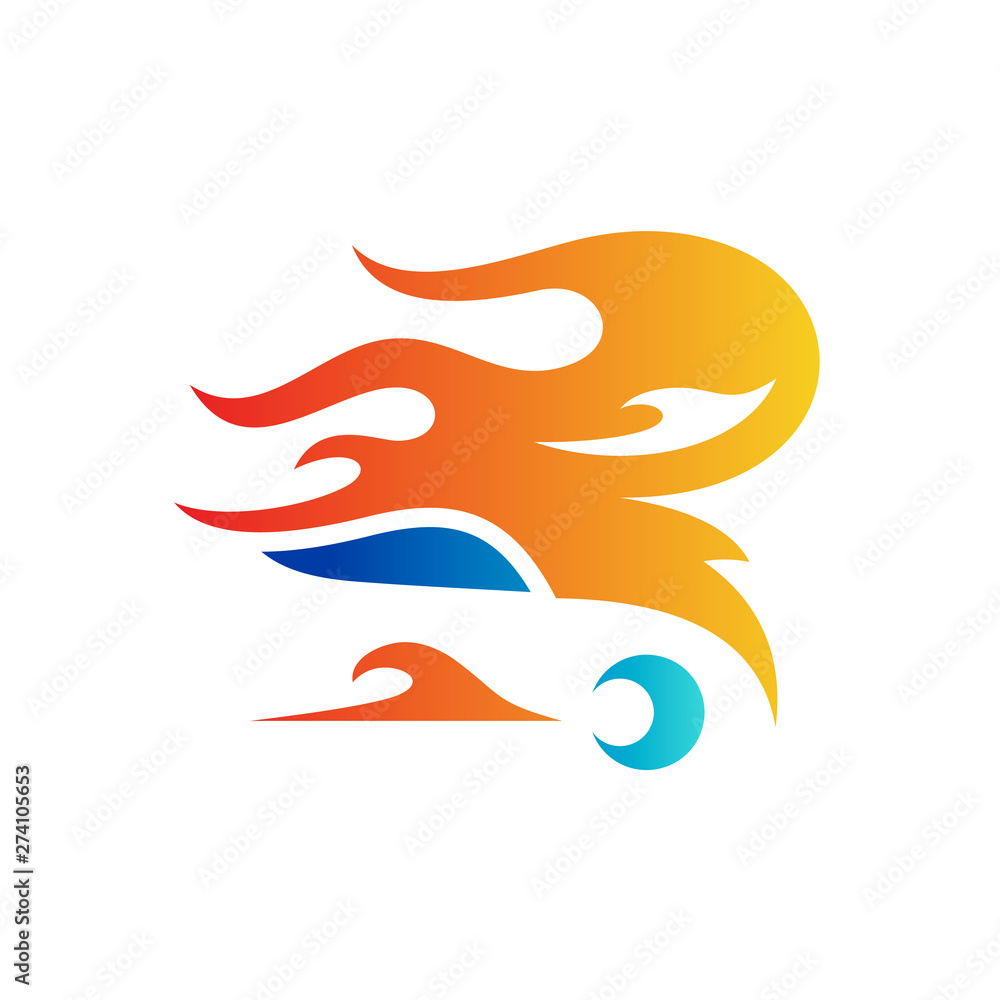 Obraz premium conceptual logo of car inside letter R with fire motion shape, car logo design for automotive,sport and transportation