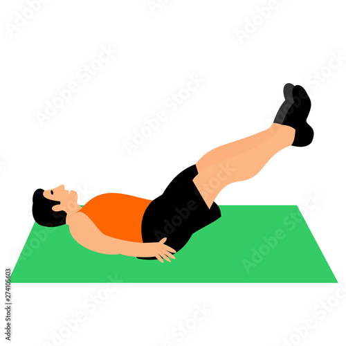 Young man of light skin doing exercises in the gym. Fit man doing exercises  for body warming or exercises for spine . Full of color flat vector illustration. 