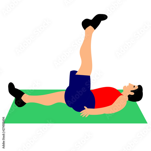 Young man of light skin doing exercises in the gym. Fit man doing exercises  for body warming or exercises for spine . Full of color flat vector illustration. 