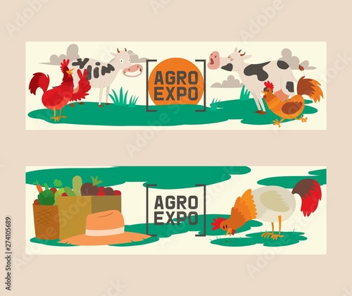 Farm products set of banners vector illustration. Agro exposition. Collection of cute pet animal. Domestic animals as cow, rooster or cock. Local market. Organic food. Different vegetables.