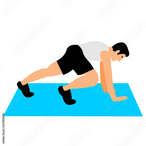 Young man of light skin doing exercises in the gym. Fit man doing exercises  for body warming or exercises for spine . Full of color flat vector illustration. 