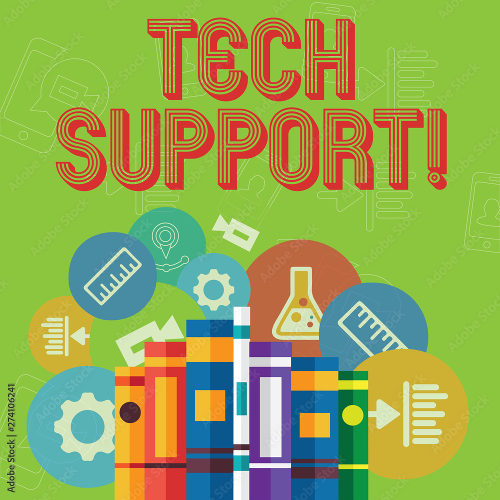 Fototapeta premium Conceptual hand writing showing Tech Support. Concept meaning service by hardware or software which help and advice products Books Arranged Standing in Row with Educational Icons Behind