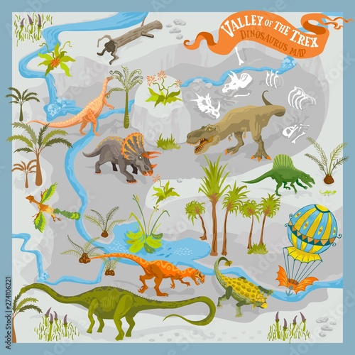 Dinosaurs valley fantasy map scene of ancient paleontological world and animals, Valley of the Tyrannosaurus Rex