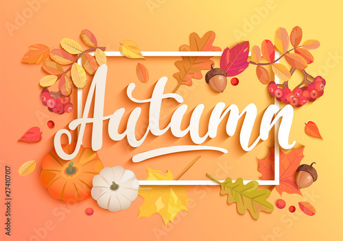 Gold autumn banner. Invitation to harvest season. Poster for fall Harvest Festival. Background with square frame, maple leaves, rowan, pumpkins and acorns. Template for poster design, prints, flyers.