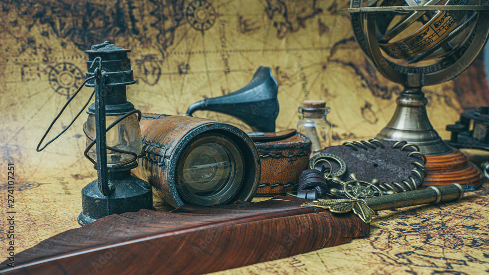 Gramophone And Vintage Collection On Old World Map
