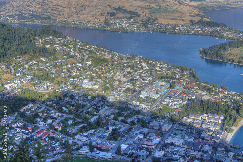 Aerial of town of Queenstown, New Zealand
