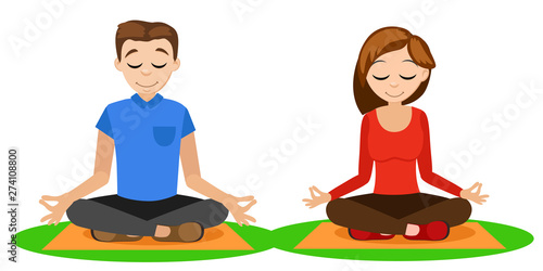 Man and a girl doing yoga on a white background.