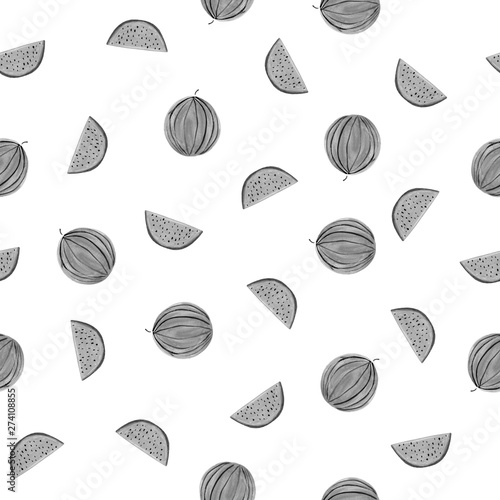 Watercolor seamless pattern of black and white watermelon with piecies on white background. Pattern for printing on textile, fabric and wrapping paper