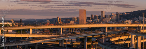 Panoramic image of the city of Portland Oregon at golden hour sunset