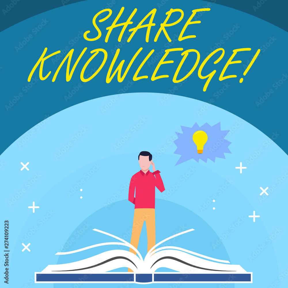 Handwriting text Share Knowledge. Conceptual photo exchanged among showing friends families communitiesor Man Standing Behind Open Book, Hand on Head, Jagged Speech Bubble with Bulb Handwriting text Share Knowledge. Conceptual photo exchanged among showing friends families communitiesor Man Standing Behind Open Book, Hand on Head, Jagged Speech Bubble with Bulb