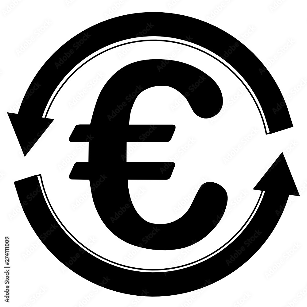 Euro icon in round circle broken with arrows to denote money circulation or distribution. Euro icon in round circle broken with arrows to denote money circulation or distribution.