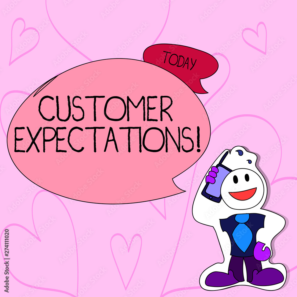 Text sign showing Customer Expectations. Business photo text Perceivedvalue clients seek from the buying of a good Smiley Face Man in Necktie Holding Smartphone to his Head in Sticker Style Text sign showing Customer Expectations. Business photo text Perceivedvalue clients seek from the buying of a good Smiley Face Man in Necktie Holding Smartphone to his Head in Sticker Style