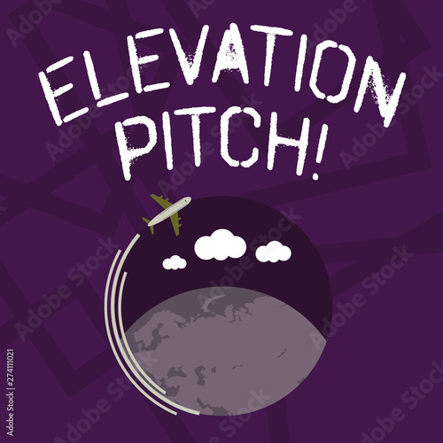 Text sign showing Elevator Pitch. Business photo showcasing short description of product business idea given to investor Airplane with Moving Icon Flying Around Colorful Globe and Blank Text Space photo