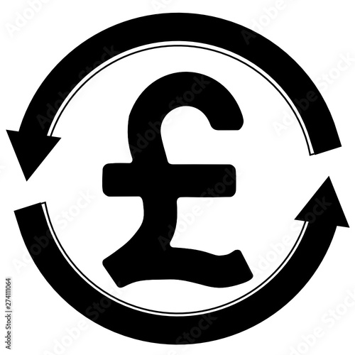Pound Sterling icon in round circle broken with arrows to denote money circulation.
