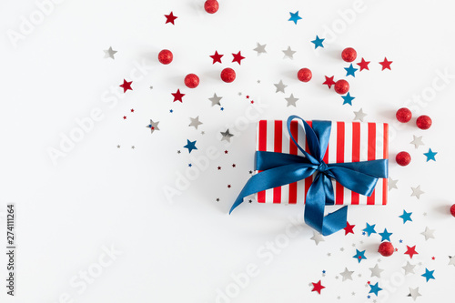 4th of July American Independence Day. Happy Independence Day,  decorations on white background. Flat lay, top view, copy space