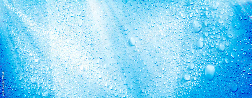 Abstract background image of close up shiny raindrops on blue surface - obrazy, fototapety, plakaty 